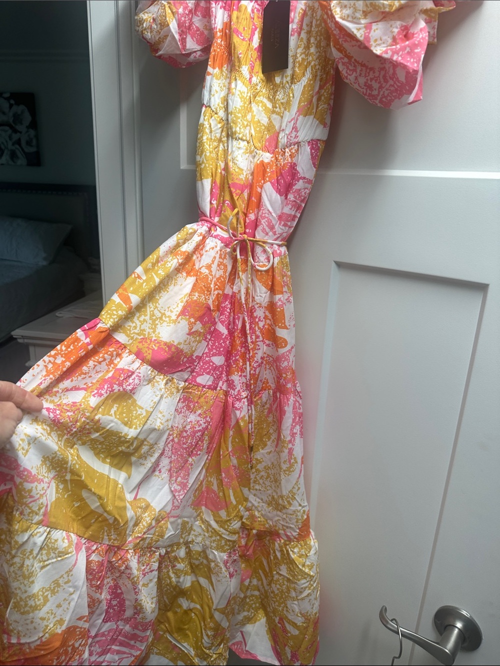 ALEEZA PARIS Colorful Puff Sleeve Maxi Dress - Pink, Orange & Gold Print - Picture 2 of 3